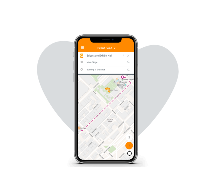 A mobile conference app with interactive mapping shows an event registrant where to go