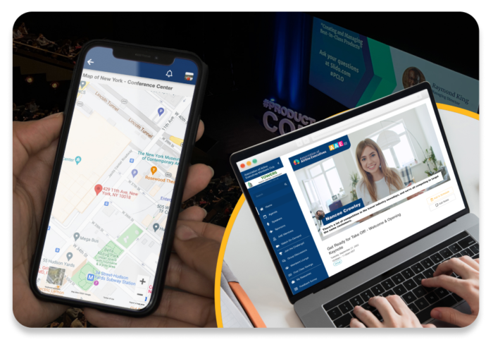 Attendee using app with interactive map at event location, another person participates remotely on their computer using EventMobi's virtual event platform