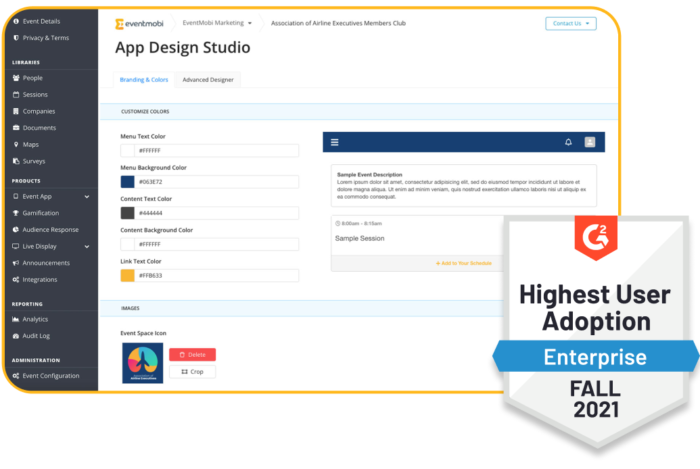 App Design Studio UI with G2 badge for Highest User Adoption (Enterprise) Fall 2021