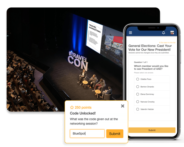 An in-person event with a live audience, with a popup of a mobile phone showing a poll. Another popup shows one of the gamification challenges of the event.