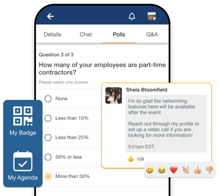 A mobile phone showing a live poll, a navigation bar showing "My Badge" and "Agenda" a popup showing a live chat with emojis