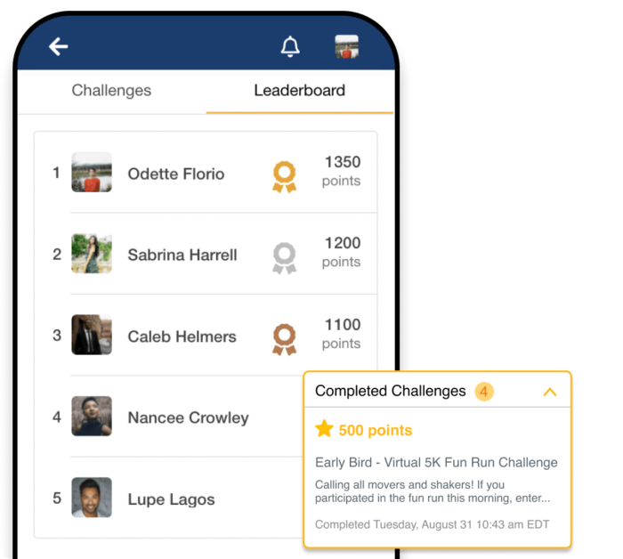A mobile phone showing the leaderboard of the gamification challenge, and a popup showing a completed gamification challenge.