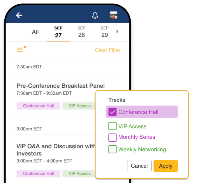 A mobile phone showing all the in-person sessions, and the popup shows the session track filter options with Conference Hall highlighted.