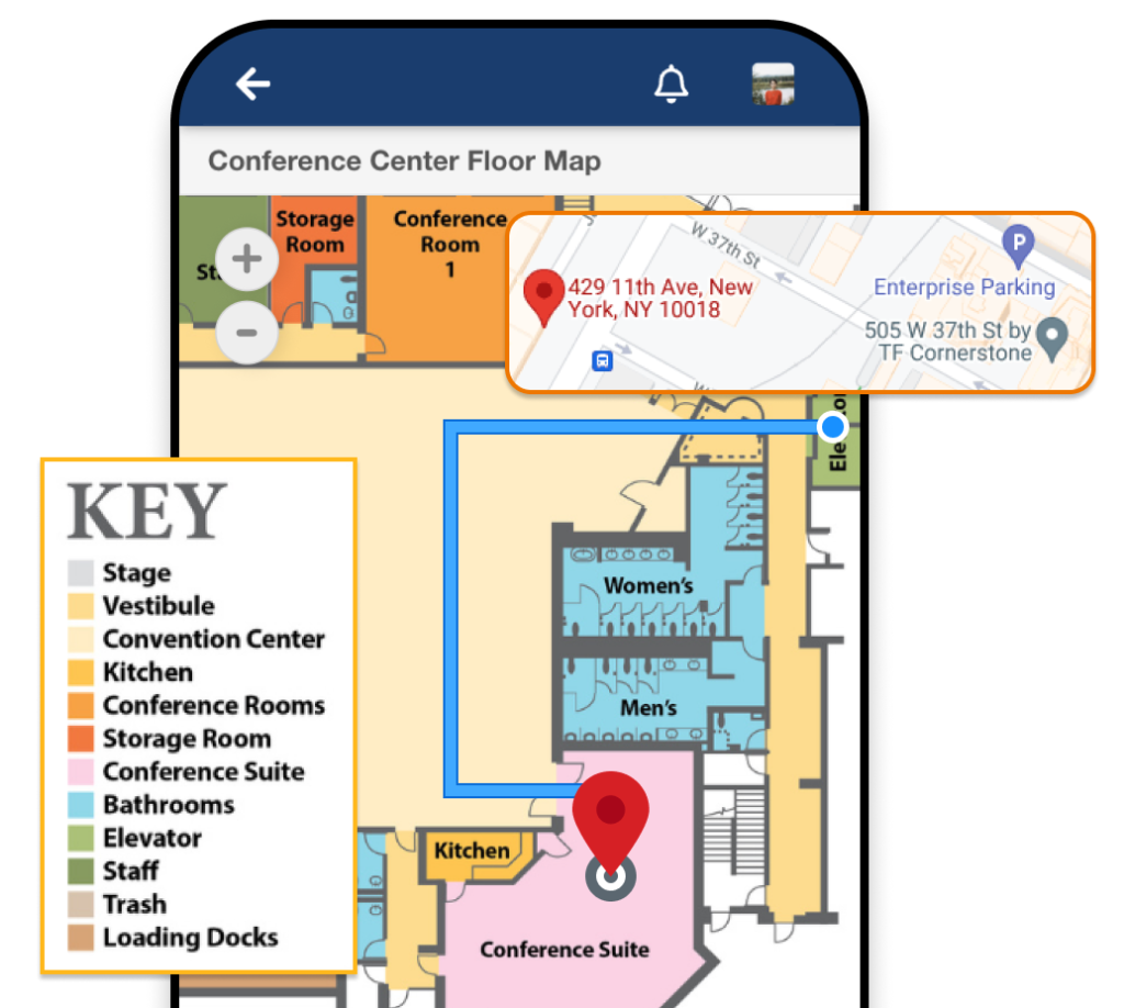 A mobile phone showing a map of the event venue with a pin leading to the conference suite. A popup shows the legend key of each section of the map, and another popup shows the Google Maps view of the event venue.