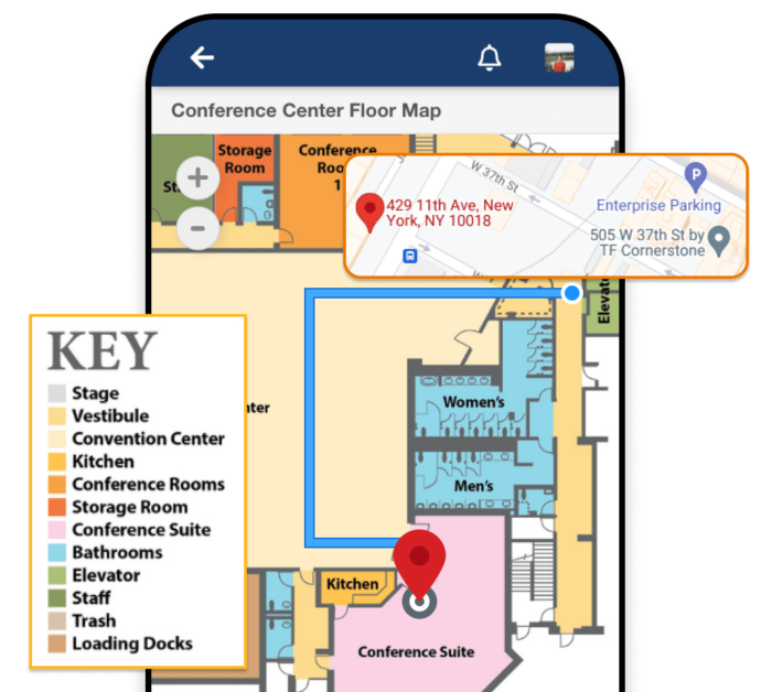 A mobile phone showing a map of the event venue with a pin leading to the conference suite. A popup shows the legend key of each section of the map, and another popup shows the Google Maps view of the event venue.