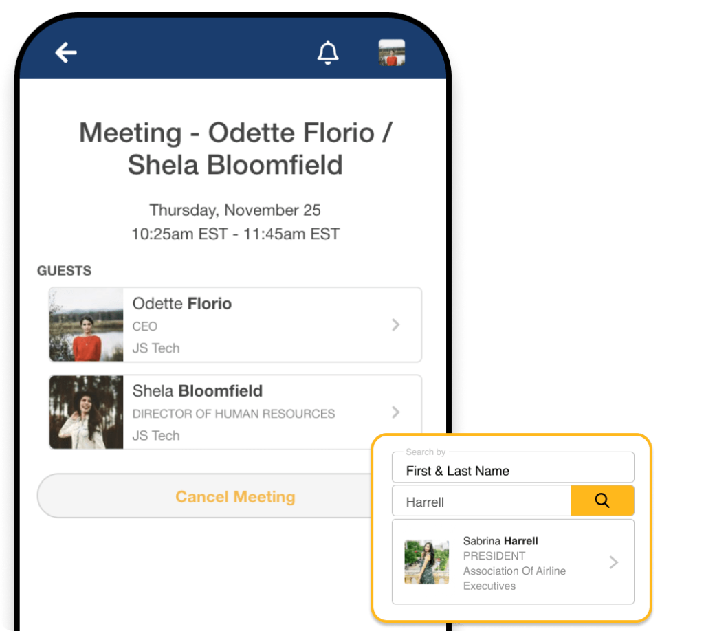 A mobile phone showing a 1-on-1 meeting between two attendees, and a popup showing the event app's People Search capabilities by searching for an attendee by their first and last names