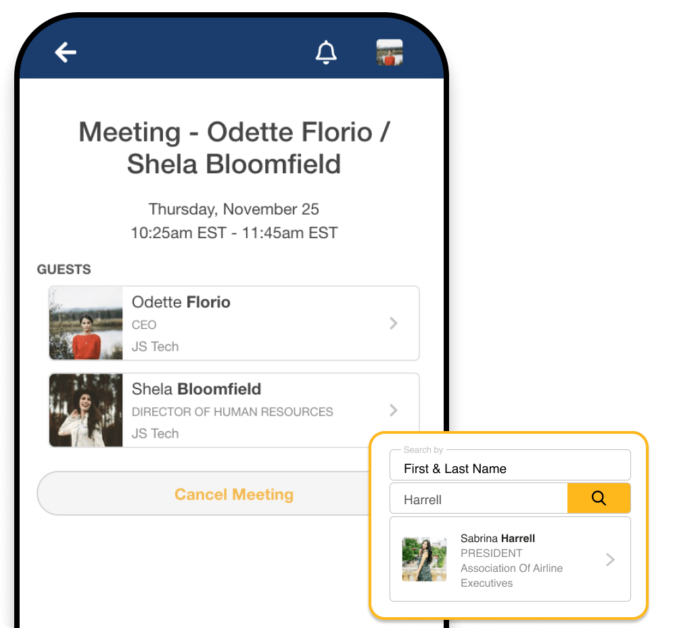 A mobile phone showing a 1-on-1 meeting between two attendees, and a popup showing the event app's People Search capabilities by searching for an attendee by their first and last names