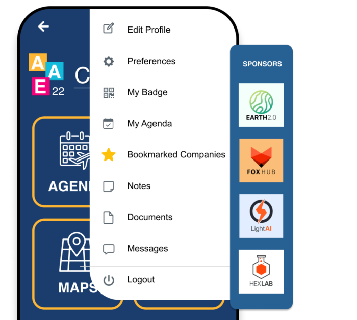 A mobile phone showing the Attendee Dashboard, and a popup of the sponsors of the in-person event