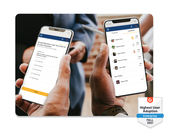 Two men holding mobile phones, one phone shows an Attendee Survey, and the other shows the leaderboard of the event gamification. A G2 badge displays that EventMobi has a High User Adoption for Enterprise in the Fall of 2021