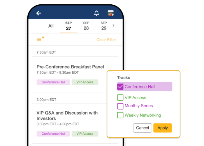 A mobile phone showing all the in-person sessions, and the popup shows the session track filter options with Conference Hall highlighted.