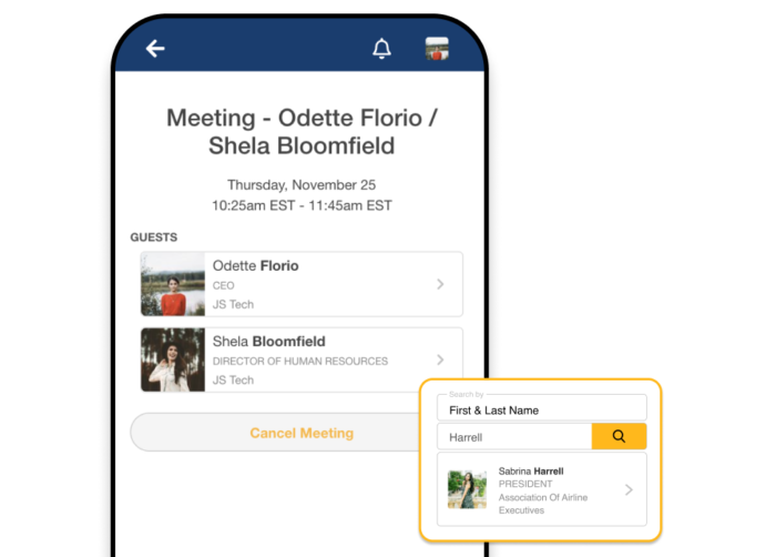 A mobile phone showing a 1-on-1 meeting between two attendees, and a popup showing the event app's People Search capabilities by searching for an attendee by their first and last names