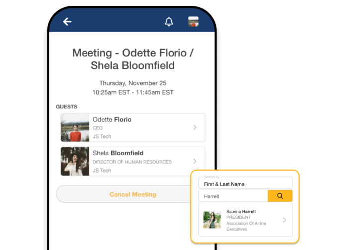A mobile phone showing a 1-on-1 meeting between two attendees, and a popup showing the event app's People Search capabilities by searching for an attendee by their first and last names
