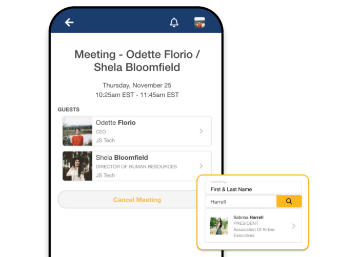 A mobile phone showing a 1-on-1 meeting between two attendees, and a popup showing the event app's People Search capabilities by searching for an attendee by their first and last names