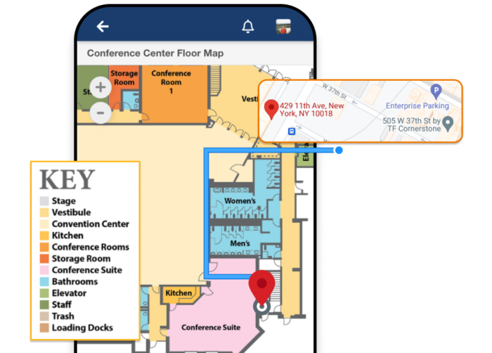 A mobile phone showing a map of the event venue with a pin leading to the conference suite. A popup shows the legend key of each section of the map, and another popup shows the Google Maps view of the event venue.