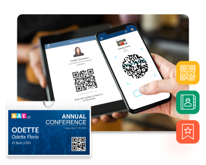 A tablet showing an attendee's event badge, and a mobile phone showing another attendee's event badge. A popup shows an attendee ID badge that has been printed in-person, and three popup icons show a QR code, an address book, and a flag with a star.