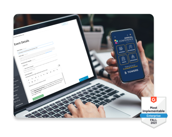 A laptop showing the experience manager, and a mobile phone showing the EventMobi Event App’s home screen.