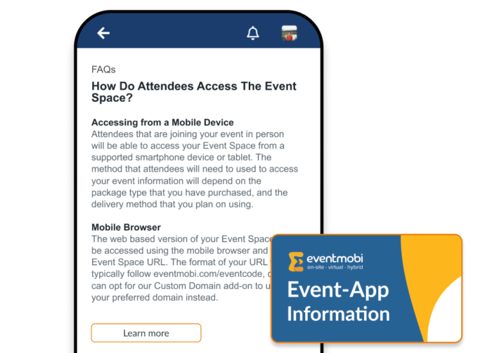 A mobile phone showing a list of FAQs about the event, and a popup showing “Event-App Information” banner