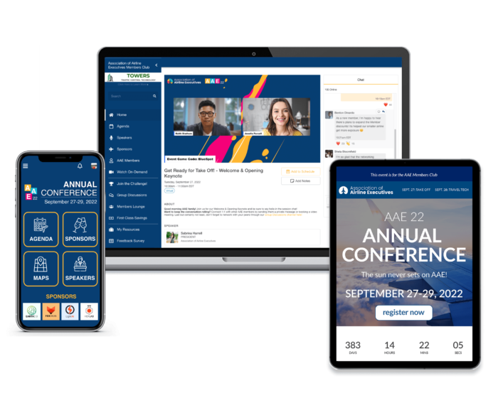 Ein Smartphone mit der EventMobi Event App, ein Laptop mit einer aktiven virtuellen EventMobi-Sitzung und ein Tablet mit einer Registrierungs-Landingpage.