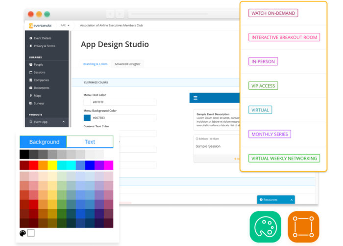 A browser window of a page from EventMobi's Experience Manager, with pop ups of a color picker and the different session tracks. Two icons pertaining to app customization surround the image.