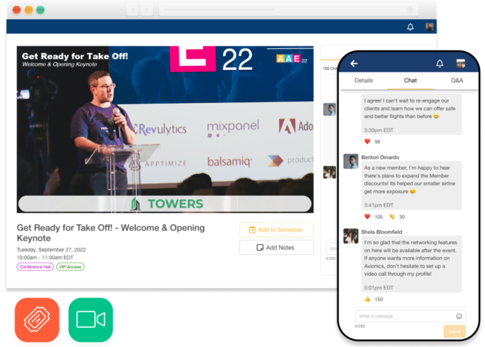 A browser window showcases an in-person speaker session broadcasting through EventMobi's Virtual Event Space, with an overlaid mobile event app screen showcasing a live session chat. Two icons pertaining to in-person events surround the image.