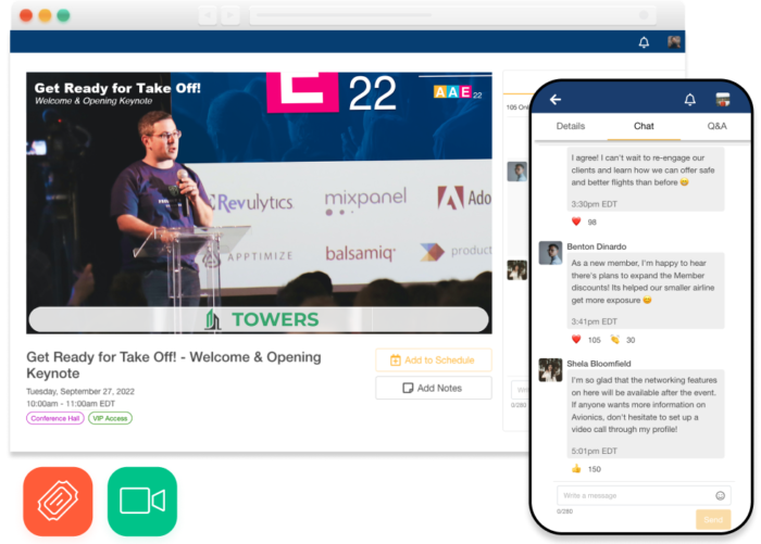 A browser window showcases an in-person speaker session broadcasting through EventMobi's Virtual Event Space, with an overlaid mobile event app screen showcasing a live session chat. Two icons pertaining to in-person events surround the image.