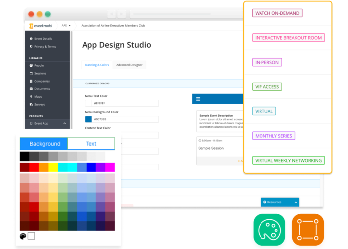 Browseransicht einer Seite vom EventMobi Experience Manager mitsamt Pop-ups zu einem Farbmischer und zu verschiedenen Programmpunktkategorien. Zudem sind zwei Icons zur kundenspezifischen App-Anpassung zu sehen.