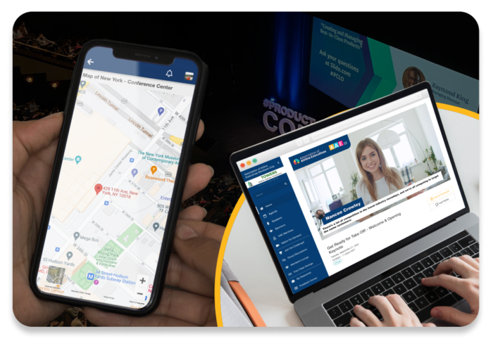 Eine Hand mit Smartphone, auf dem eine mobile Event-App zu einer hybriden Konferenz geöffnet ist. Daneben ein Bild von einem Laptop, an dem jemand über die EventMobi-Plattform für virtuelle und hybride Meetings dem Beitrag einer Rednerin folgt.