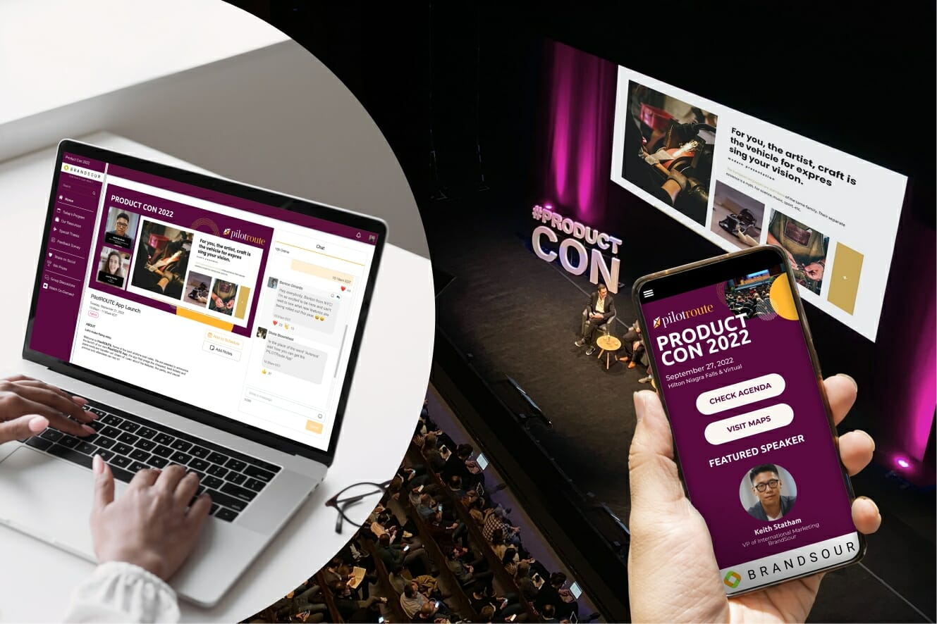 Ein Beispiel für hybride Konferenzen auf der EventMobi-Hybridevent-Plattform: auf der einen Seite Remote-Teilnahme per Laptop bei der Live-Übertragung eines Vortrags, auf der anderen Seite vor Ort Interaktion über die mobile Event-App.