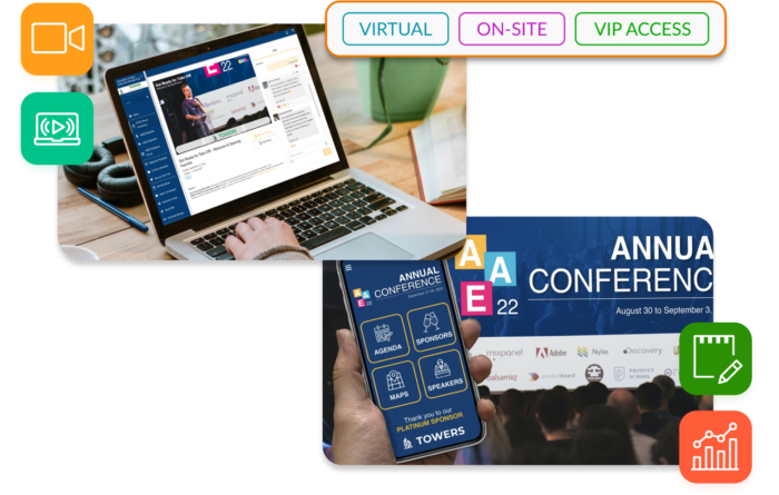 An image of a laptop showing a live session from a virtual space, and another image showing a person viewing an in-person event app on their mobile phone while they're at an in-person event.