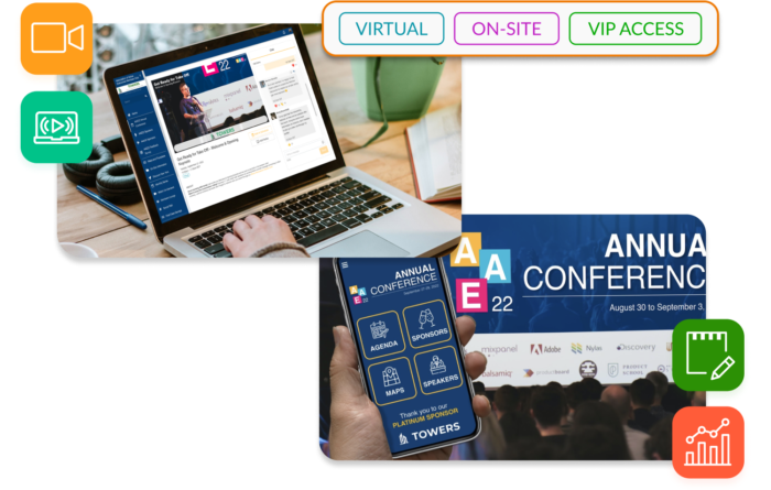 An image of a laptop showing a live session from a virtual space, and another image showing a person viewing an in-person event app on their mobile phone while they're at an in-person event.