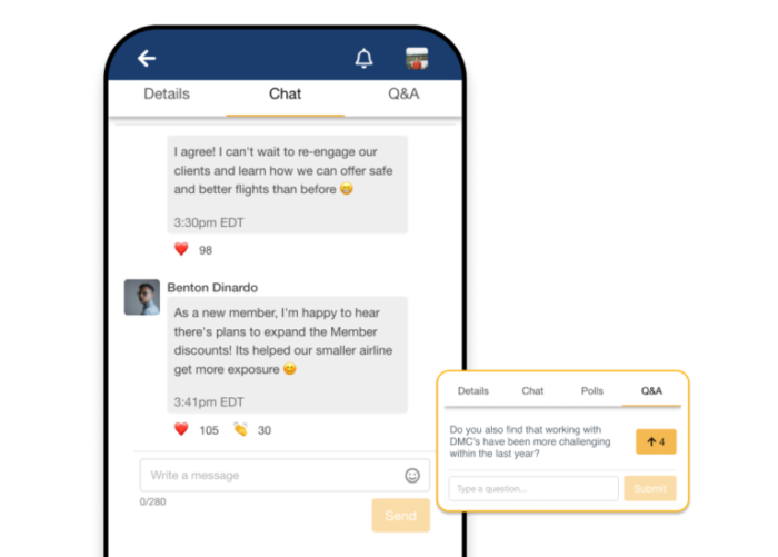 Smartphone, auf dem ein Live-Chat mit verschiedenen Emojis geöffnet ist; daneben ein Pop-up mit Fragen und Antworten zu einem Programmpunkt.