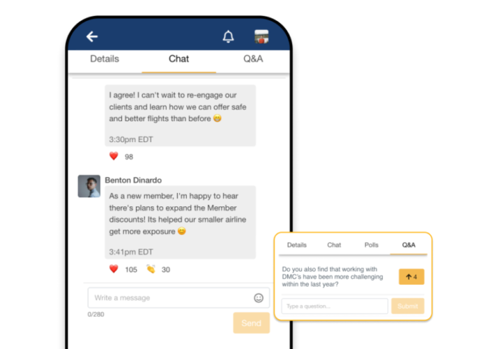 Smartphone, auf dem ein Live-Chat mit verschiedenen Emojis geöffnet ist; daneben ein Pop-up mit Fragen und Antworten zu einem Programmpunkt.