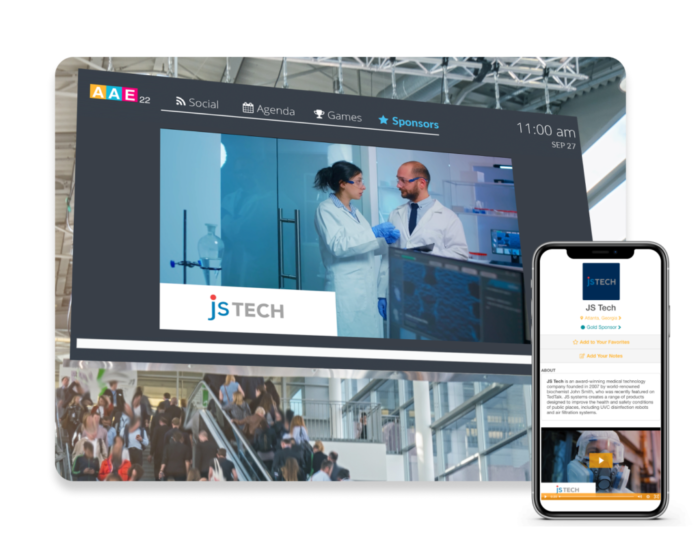 Eine Live-Display-Projektionsfläche bei einer Präsenzveranstaltung mit der Aufnahme eines Sponsors; daneben ein Smartphone, auf dem der virtuelle Stand desselben Sponsors in der Mobilevent-App von EventMobi zu sehen ist.