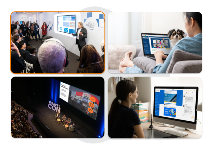 Vier Fotos von unterschiedlich konzipierten virtuellen und hybriden Seminaren, Konferenzen und Meetings mit Referenten, mit Teilnehmenden vor Ort und mit Remote-Publikum.