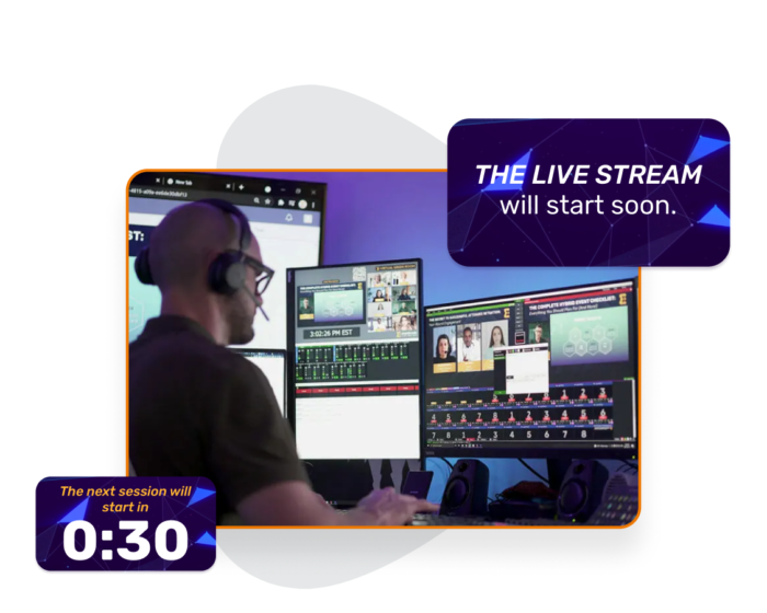 A photo of a GoLive! Production professional setting up a stream on his computer, with popups of "The Livestream Will Start Soon" and a countdown surrounding the photo.