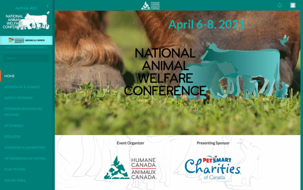 A screenshot of Humane Canada's virtual event space home screen featuring animals and the sponsor logos.