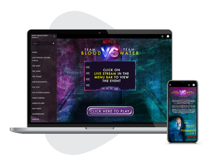 A laptop screen showing a virtual event space for Netflix’s Blood VS Water, and a mobile phone showing a section of the same virtual event space.