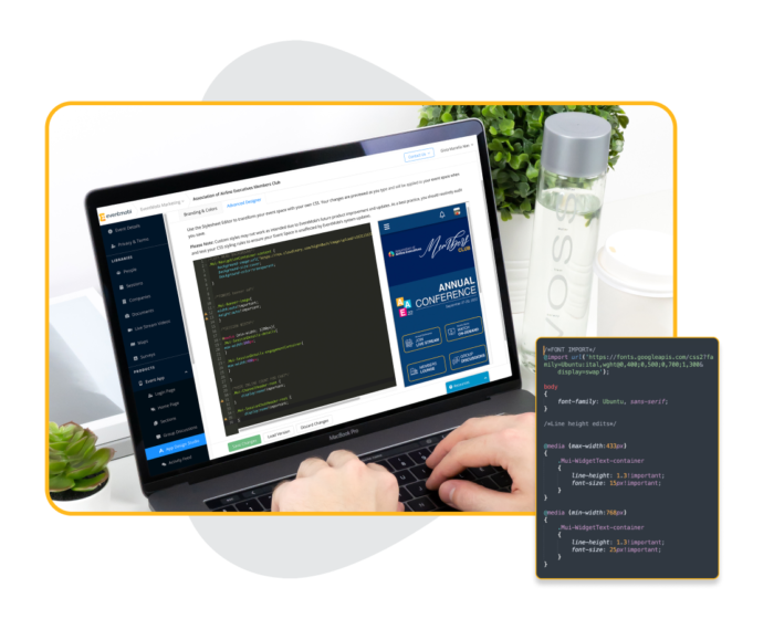 An image of a laptop showing EventMobi’s Advanced Designer and some css codes, and a popup of a block of the CSS codes used to edit the event space.