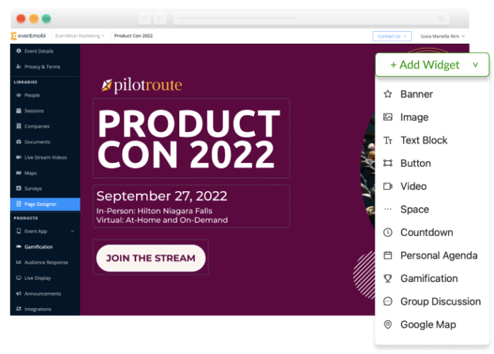 A screenshot showing EventMobi’s Page Designer, and a popup showing the widget options that users are able to utilize.
