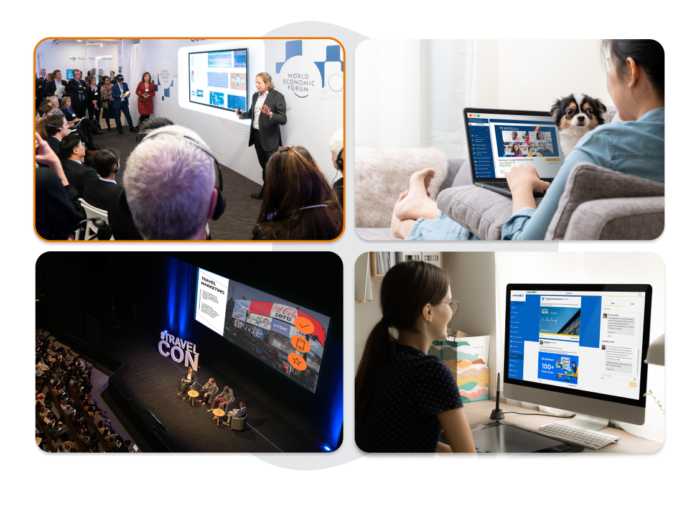 Four images showing different types of virtual and hybrid seminars, conferences and meetings with speakers, event audiences and remote attendees.