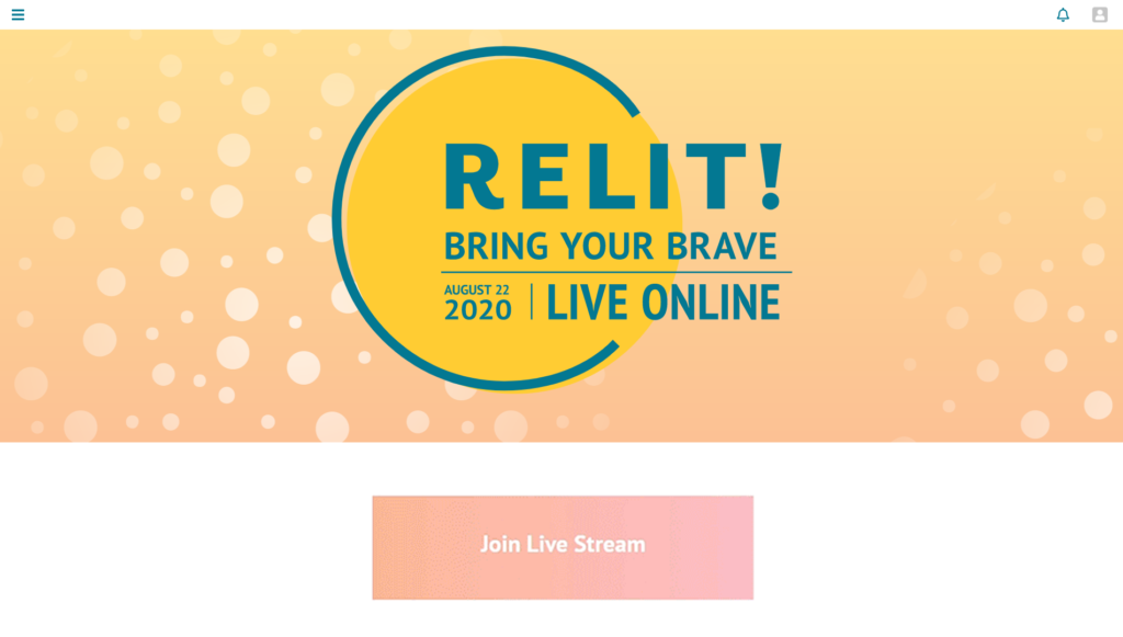 A screenshot of Relit's virtual event space home screen, featuring the hero banner and the join live stream button.