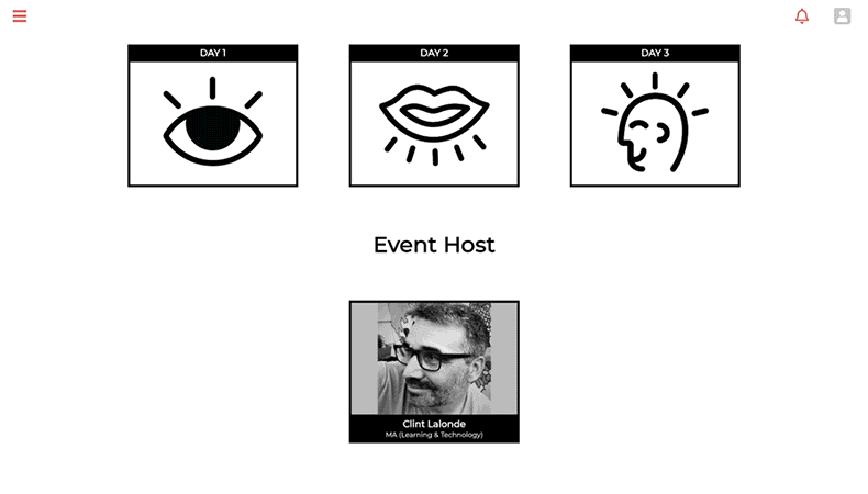 A screenshot of some widgets of BCcampus' virtual event space home screen.