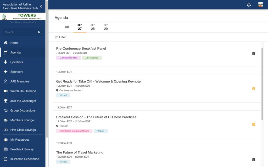 A session displayed inside the agenda section of EventMobi's Virtual Space is shown as starting at 10AM EDT.