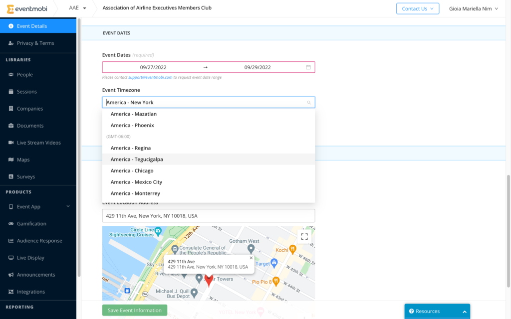 A dropdown on the EventMobi backend for organizers shows a list of available virtual event time zones.