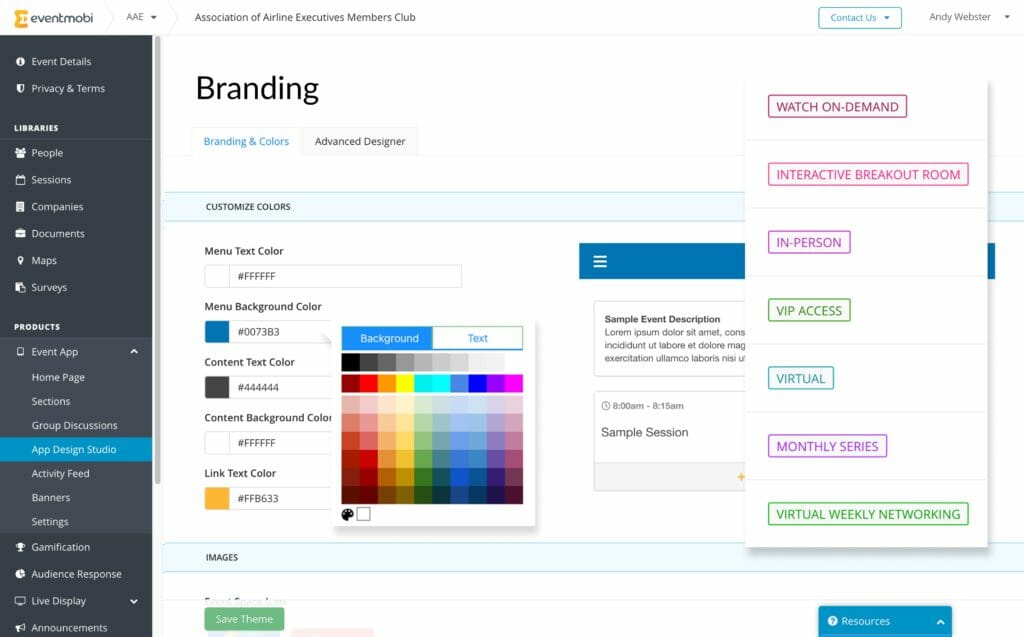 A screenshot of EventMobi's Branding editor, where users can change their brand colors.