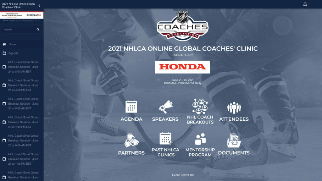 A screenshot of NHLCA's Online Global Coaches Clinic virtual event space.