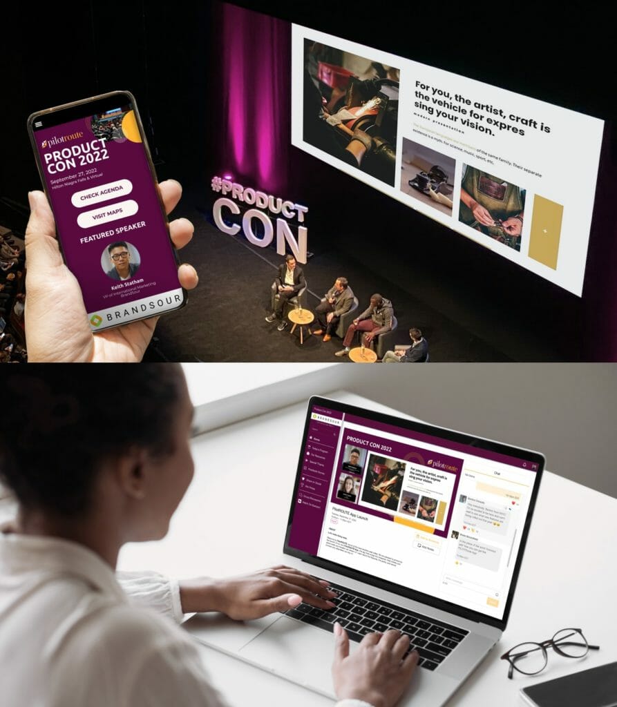 An example of a hybrid event - the first image shows a mobile phone in hand displaying an event app home screen. The second photo shows a woman tuning into the same event using the EventMobi Virtual Space.
