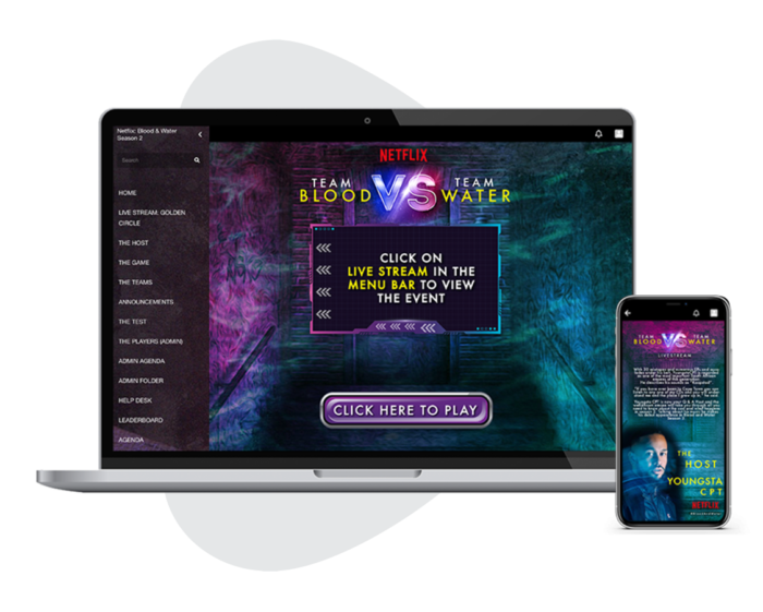 Ein Laptop-Bildschirm, auf dem ein virtuelles Eventportal für „Blood vs. Water“ von Netflix geöffnet ist; daneben ein Smartphone, auf dem ein Ausschnitt aus demselben Portal zu sehen ist.