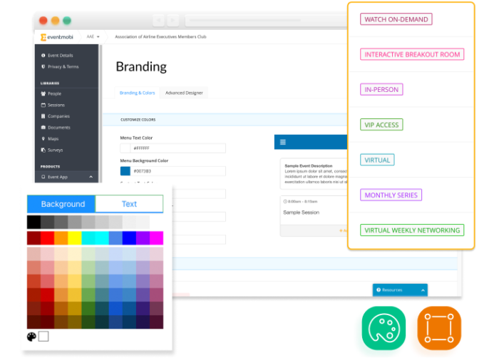 Screenshot von einer Branding-Seite, daneben ein Pop-up für die Farbgestaltung, ein anderes zur Anpassung von Verläufen bei Programmpunkten und außerdem Icons, die sich auf Branding-Aspekte beziehen.