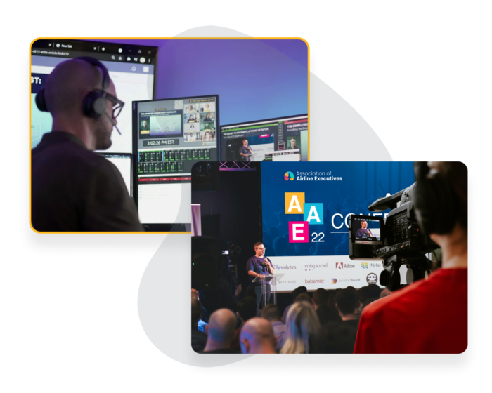 An image of a GoLive Professional producing a live stream event, and another image of a live event being recorded using a professional camera.